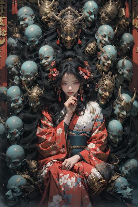 18853-3162995860-(masterpiece_1.2), best quality,PIXIV,_black hair, japanese clothes, floral print, 1girl, hair ornament, horns, sitting, looking.png